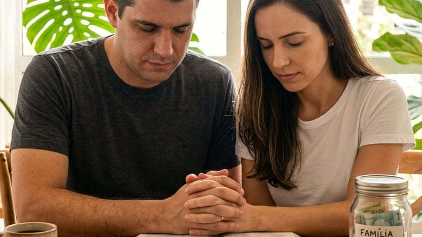 Casal de mãos postas e olhos fechados diante de uma Bíblia aberta e um pote "FAMÍLIA PROVISÃO".