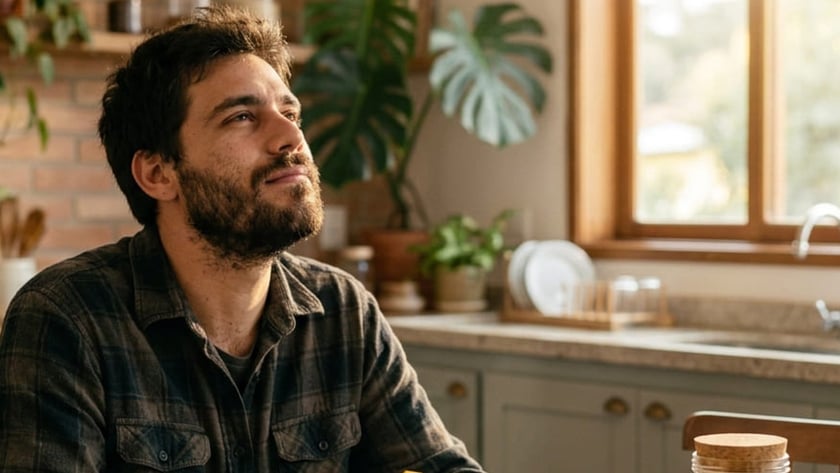 Homem barbudo sentado à mesa de cozinha, com coração de origami amarelo e livro aberto.