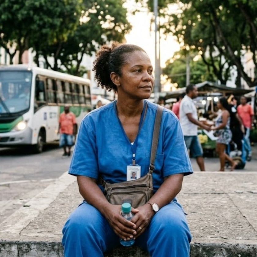 Mulher de uniforme azul hospitalar sentada na calçada de uma rua movimentada