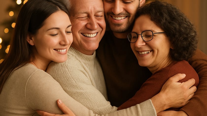 Quatro pessoas se abraçam sorrindo diante de uma árvore de Natal iluminada.