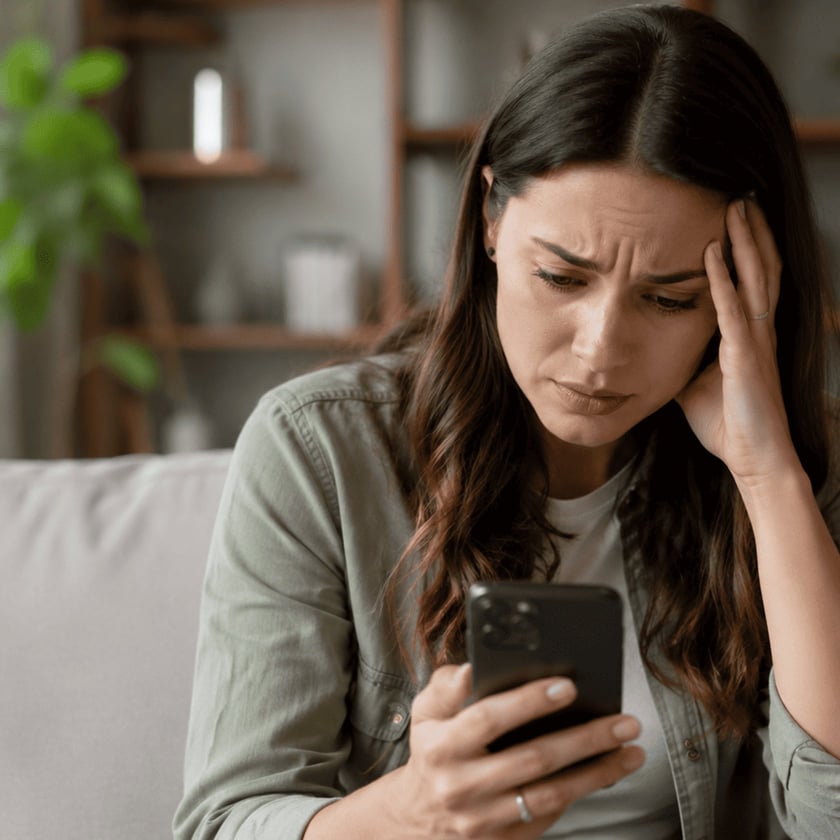 Mulher de cabelo escuro sentada no sofá, olhando o celular com a mão na testa.
