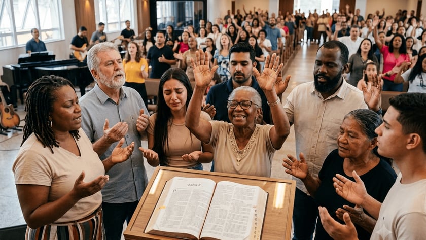 Fiéis de mãos erguidas oram diante de uma Bíblia aberta em igreja lotada: "Actos 2".