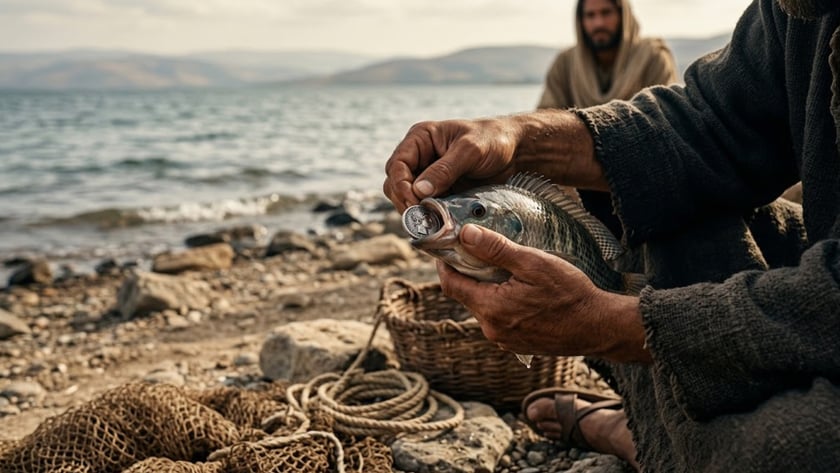 Pescador segura um peixe com uma moeda na boca, à beira de um lago, com outro homem ao fundo.
