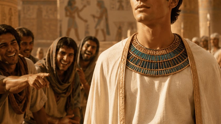 Jovem de manto branco e colar azul em um templo egípcio, com faraó atrás.