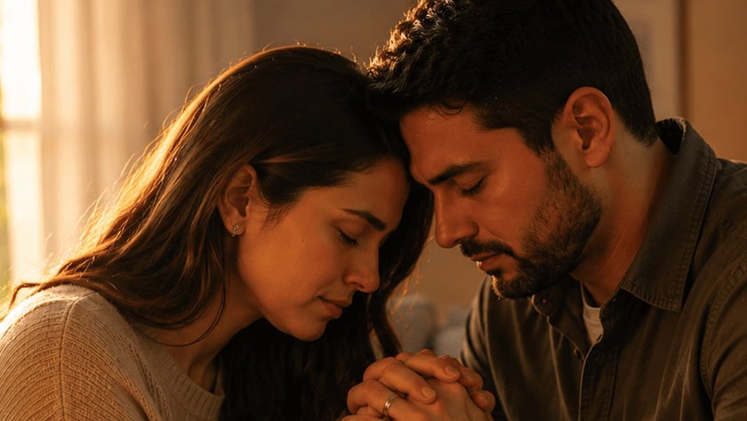 Casal de mãos unidas e testas encostadas, de olhos fechados, ao lado de uma Bíblia aberta.