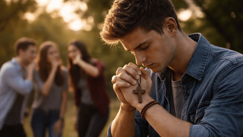Jovem de olhos fechados reza com um crucifixo de madeira entre as mãos