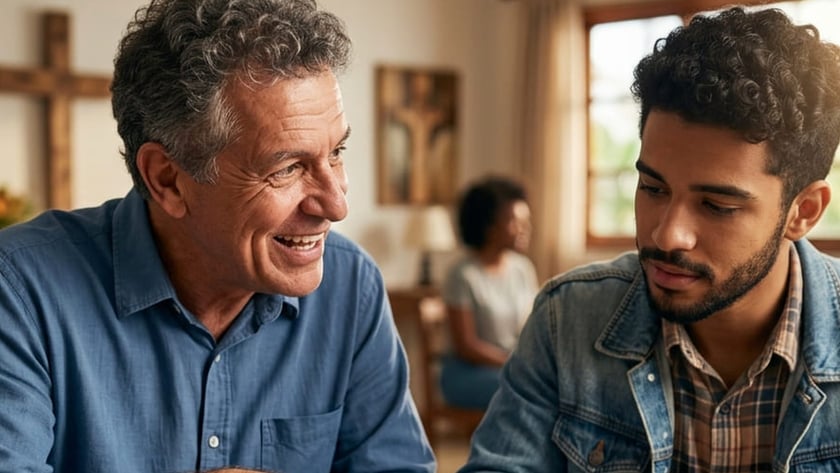 Dois homens à mesa; o mais velho aponta uma Bíblia aberta e o jovem anota.