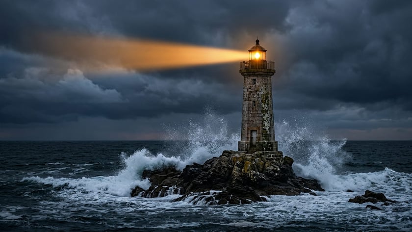 Farol de pedra aceso sobre rochedo, com ondas batendo sob nuvens escuras.