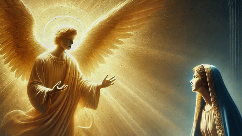 Anjo dourado de asas abertas estende as mãos a uma mulher de manto azul sentada.