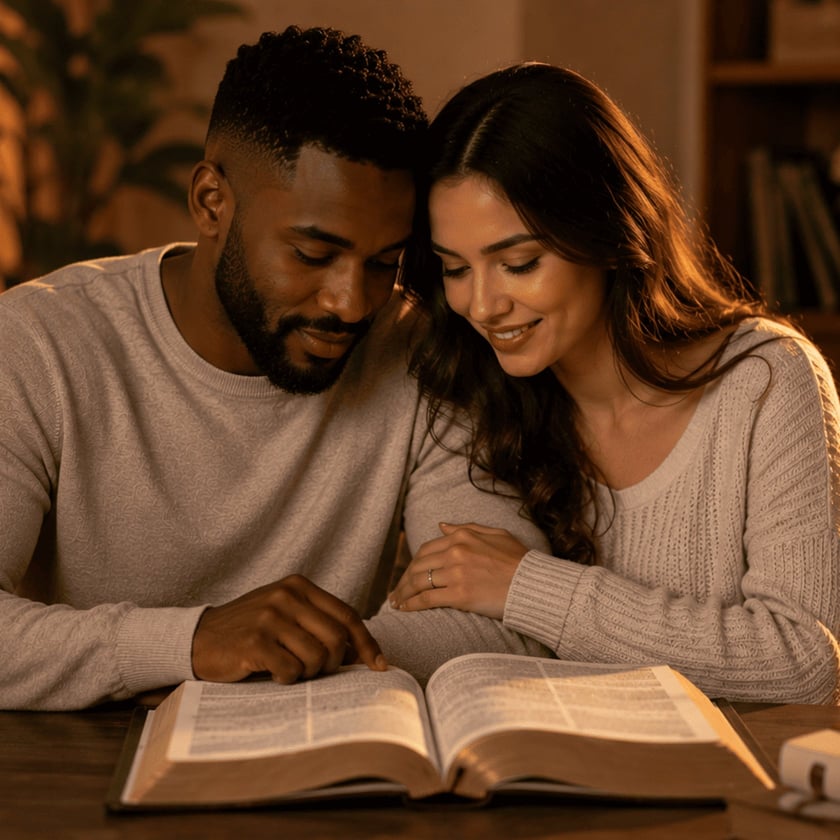 Casal sentado à mesa lê uma Bíblia aberta, com uma vela acesa ao lado.