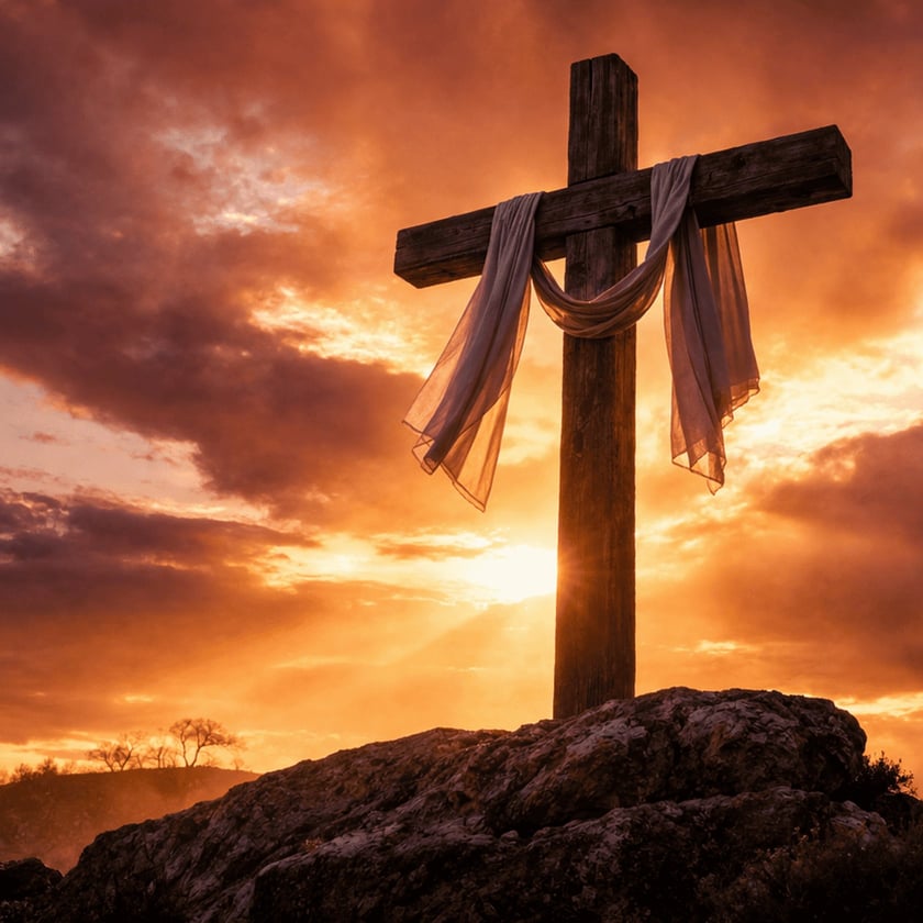Cruz de madeira com tecido claro pendurado, sobre uma rocha ao pôr do sol.