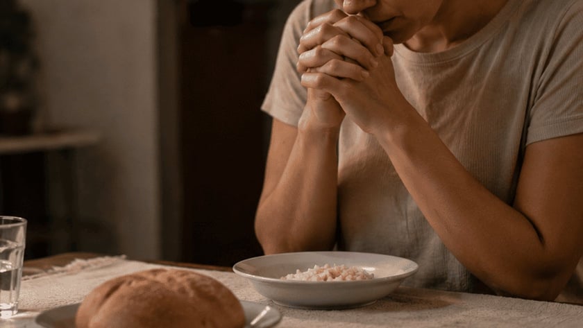 Mulher de olhos fechados e mãos juntas diante de pão, arroz e copo d'água.
