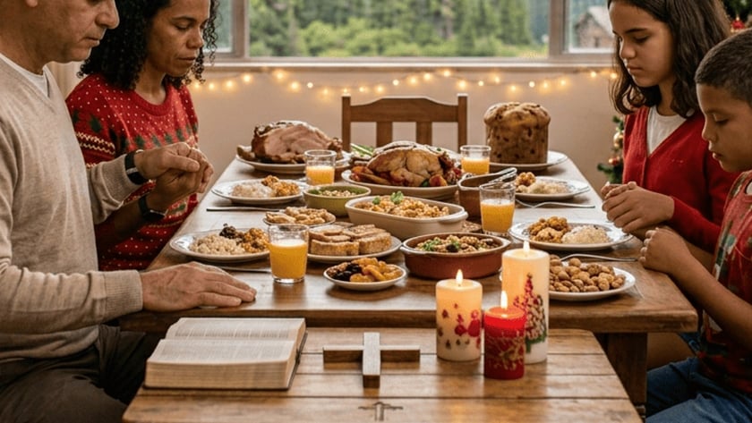 Família de quatro pessoas reza de mãos dadas à mesa de Natal farta, diante de montanhas.