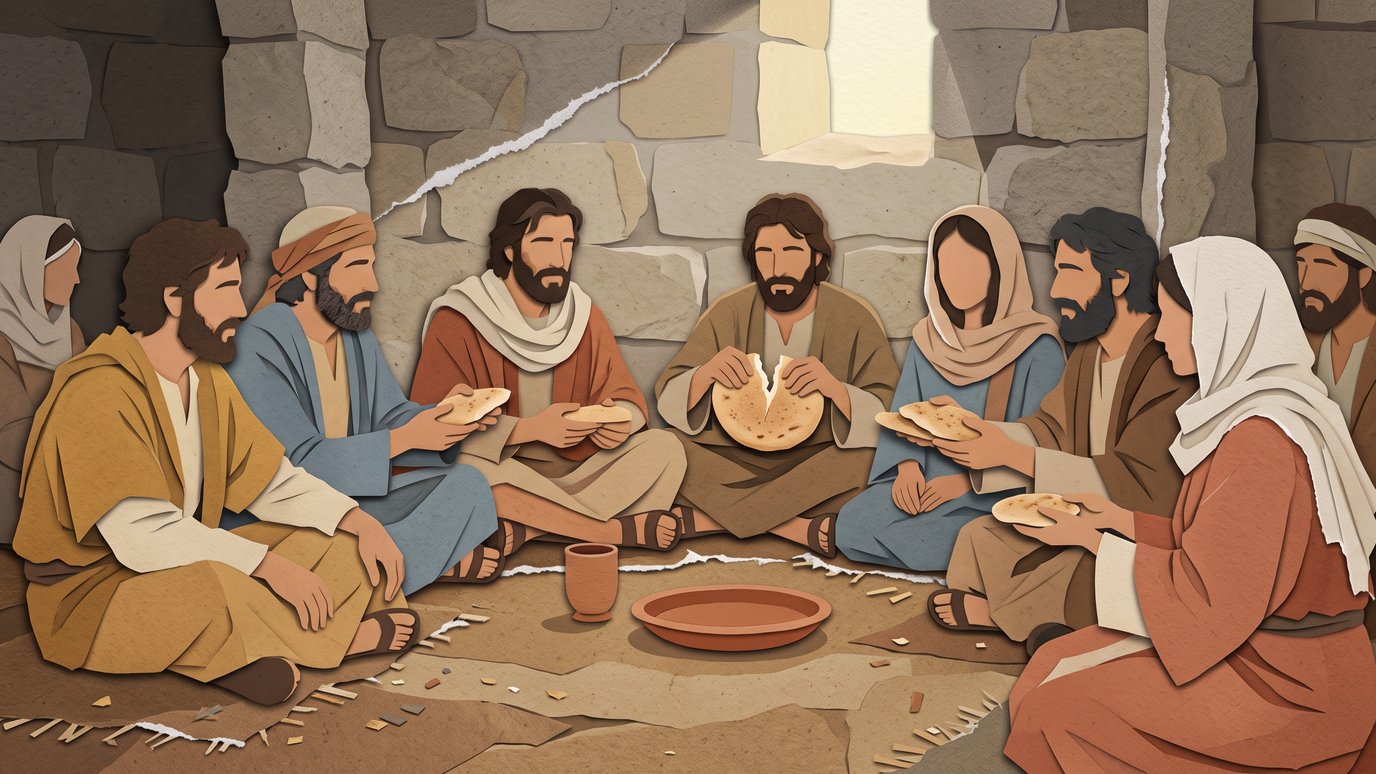 Grupo de homens e mulheres sentados em círculo repartindo pães em um cômodo de pedra.