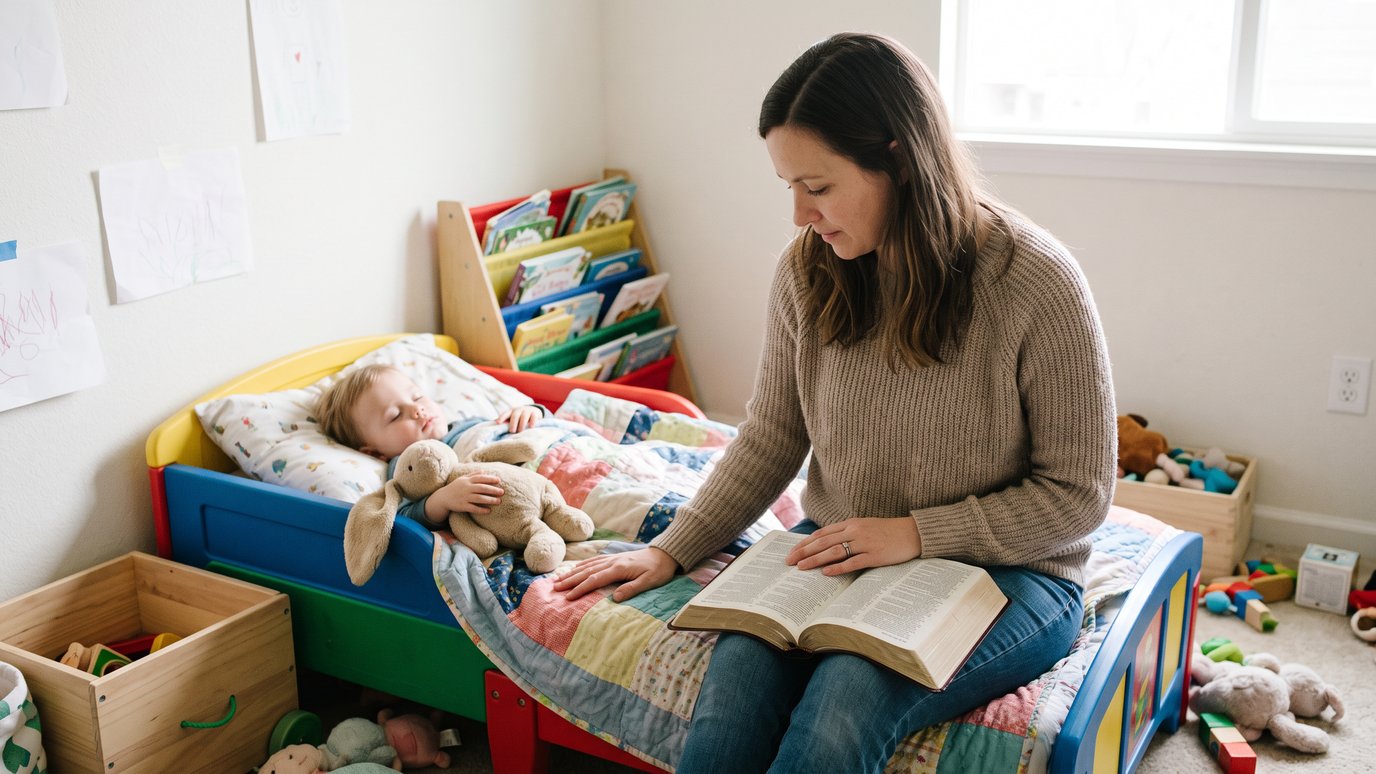 Mulher sentada na beira da cama infantil, com livro aberto, ao lado de criança dormindo.