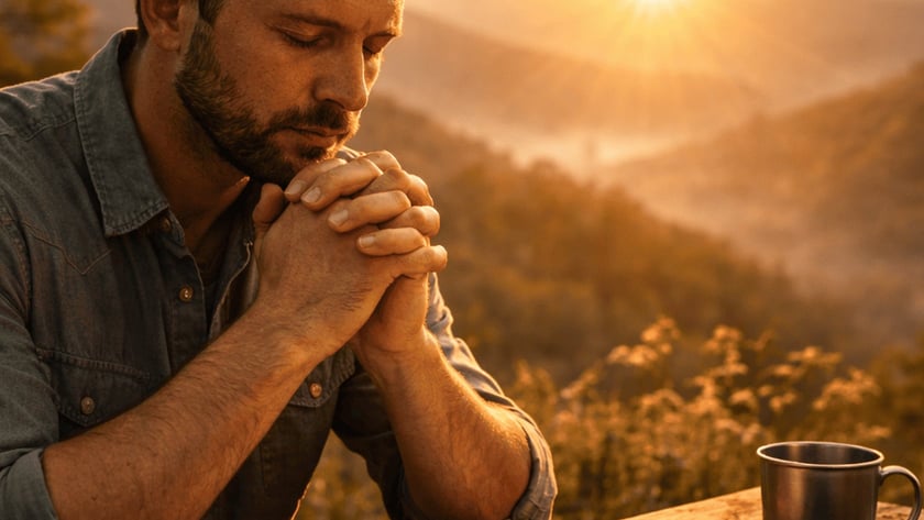 Homem de barba com as mãos unidas e olhos fechados diante de uma Bíblia aberta, ao nascer do sol.