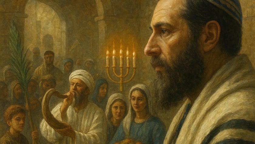 Homem de barba com xale de oração observa homem tocando shofar, mulheres e menino com palma.