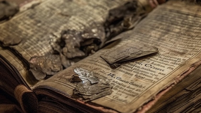 Livro antigo aberto sobre uma mesa, com páginas amareladas, rasgadas e queimadas nas bordas.