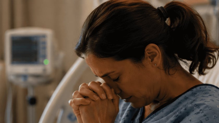 Mulher de avental hospitalar, sentada na cama, com as mãos unidas junto ao rosto e soro no braço.