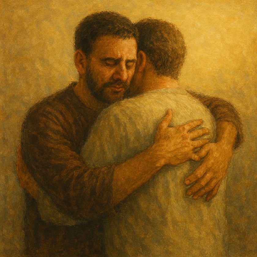 Dois homens se abraçam; um de barba e olhos fechados apoia o rosto no ombro do outro.
