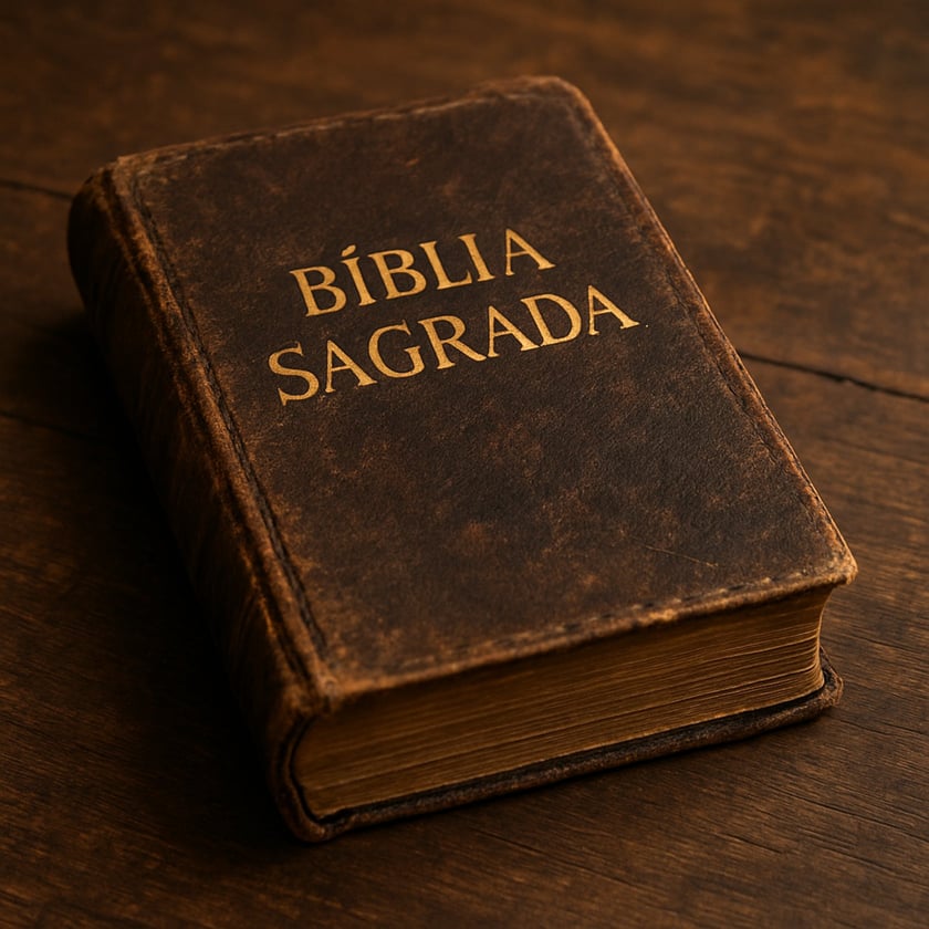 Bíblia antiga de capa de couro marrom desgastada sobre mesa de madeira: "BÍBLIA SAGRADA".