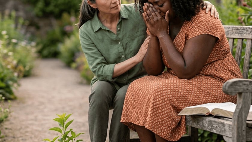 Mulher de cabelos grisalhos consola outra mulher que chora, sentadas em um banco de jardim.