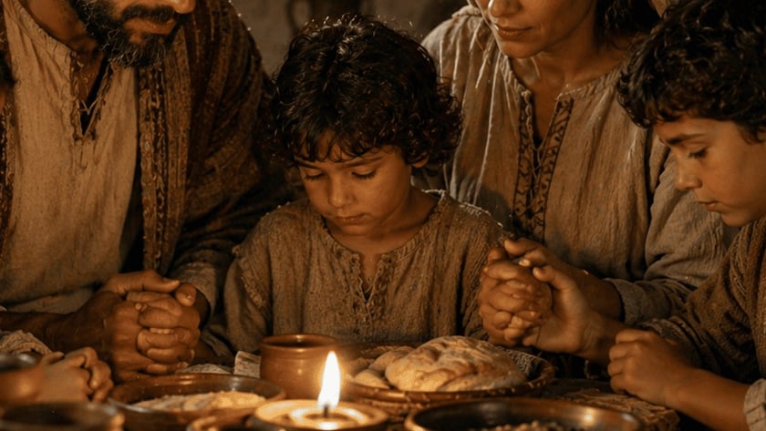 Homem barbudo e duas crianças de olhos fechados, de mãos unidas, rezam à mesa com vela.