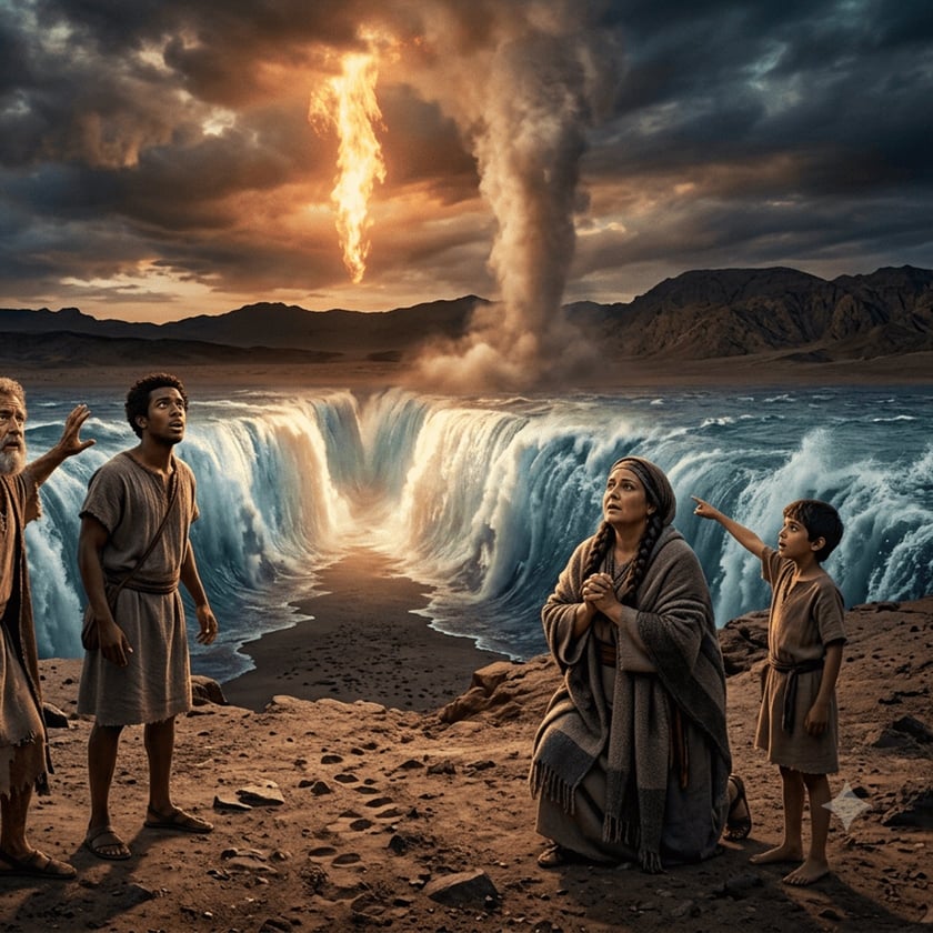 Família em roupas antigas observa o mar se abrir em paredes de água, com coluna de fogo no céu.