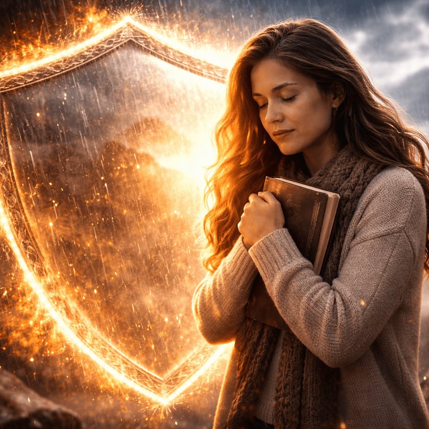 Mulher de cabelos longos e olhos fechados abraça um livro ao lado de um escudo flamejante.