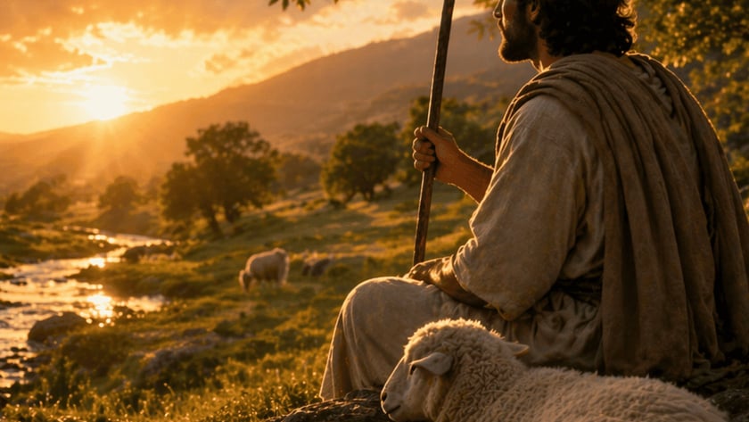 Pastor barbado sentado com cajado ao lado de uma ovelha, olhando um vale ao pôr do sol.