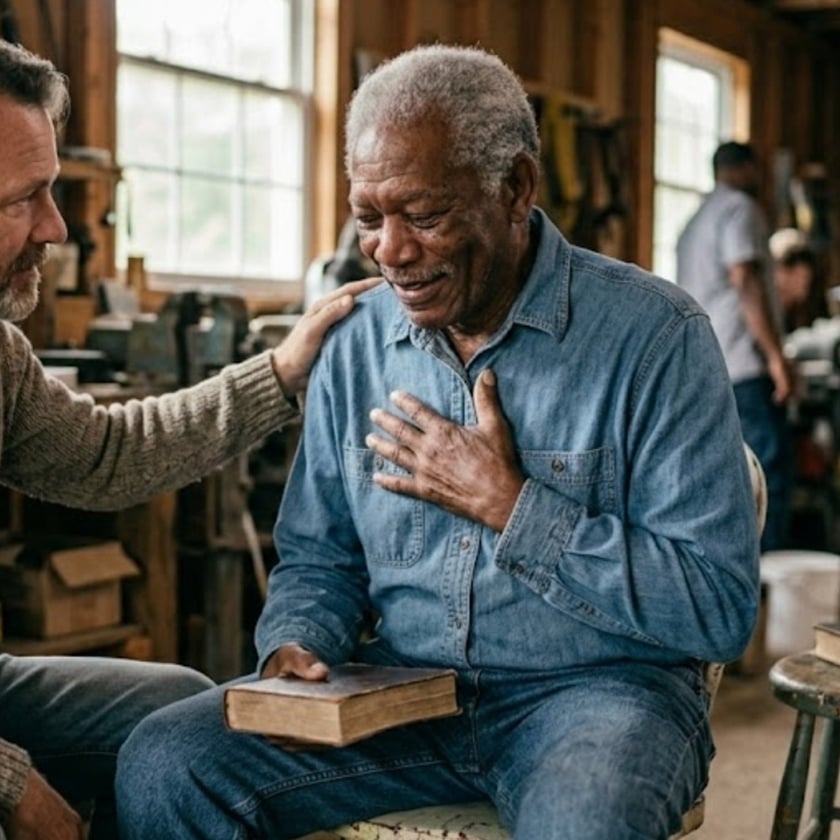 Homem idoso de camisa jeans segura um livro e a mão no peito, consolado por outro homem.