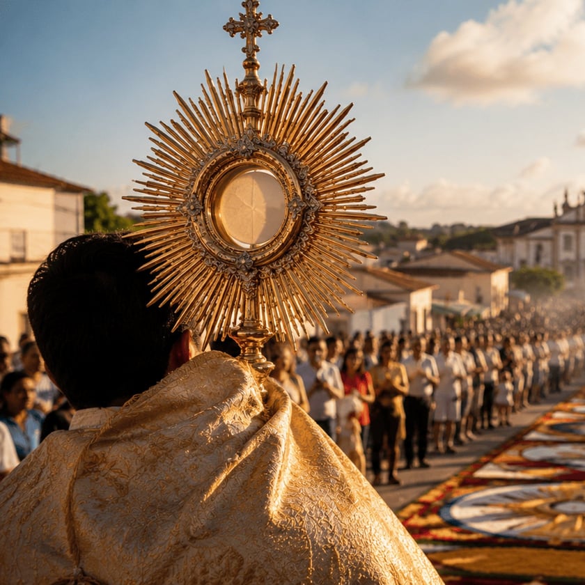 Padre de costas ergue custódia dourada diante de multidão em procissão numa rua com tapete decorado.