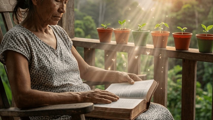 Mulher idosa lê um livro numa varanda de madeira, com vasos de mudas ao lado.