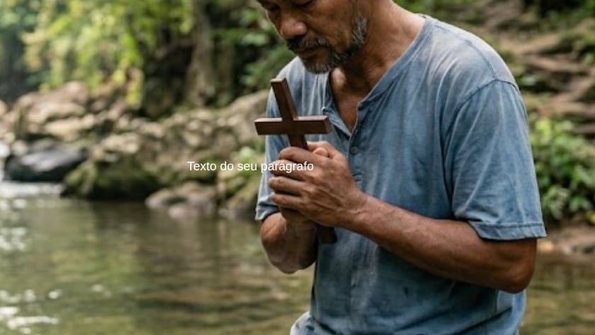 Homem de barba segura uma cruz de madeira junto ao peito