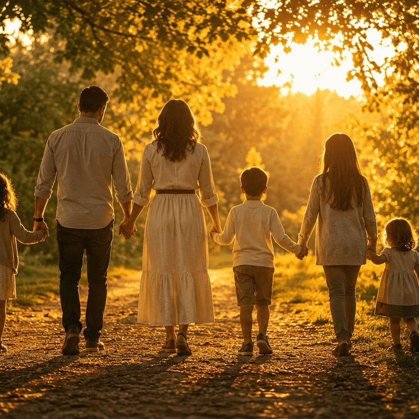 Família de costas, de mãos dadas, caminha por uma trilha de terra entre árvores.