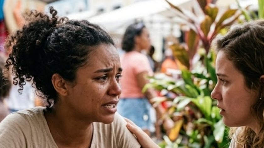 Mulher de cabelo cacheado chora à mesa de feira enquanto uma mão toca seu ombro.