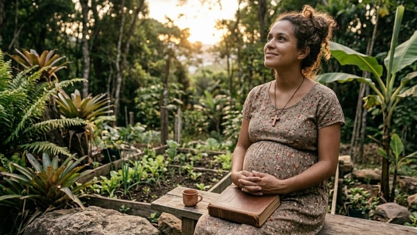Mulher grávida sentada em horta cercada de mata, com Bíblia no colo e xícara ao lado.