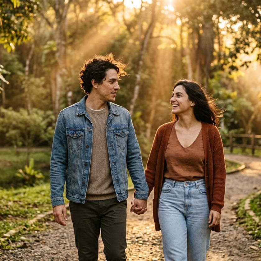 Casal de mãos dadas caminha sorrindo por uma trilha de cascalho em um parque arborizado.