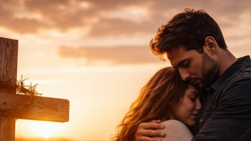 Homem e mulher abraçados ao lado de uma cruz de madeira com rosas brancas.