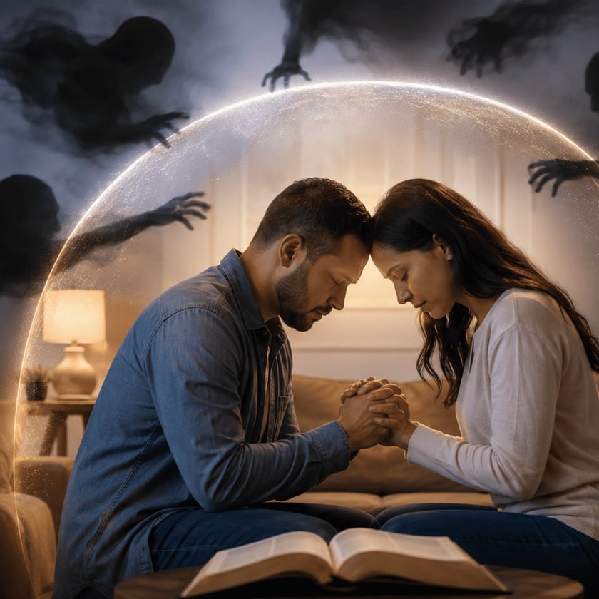 Casal sentado na sala, de mãos dadas e cabeças encostadas, com sombras ao redor e uma Bíblia aberta.