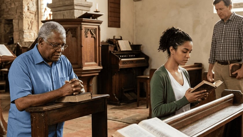 Três pessoas em uma igreja antiga: um homem reza, uma mulher lê e outro homem observa.