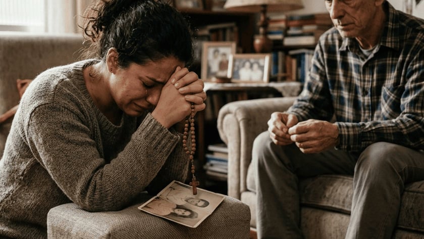 Mulher ajoelhada chora com um terço nas mãos, ao lado de um senhor sentado na sala.