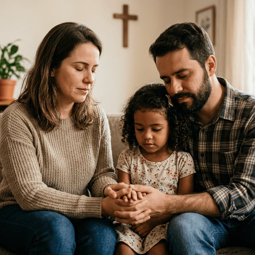 Mulher, homem e menina sentados no sofá, de olhos fechados, com as mãos unidas.