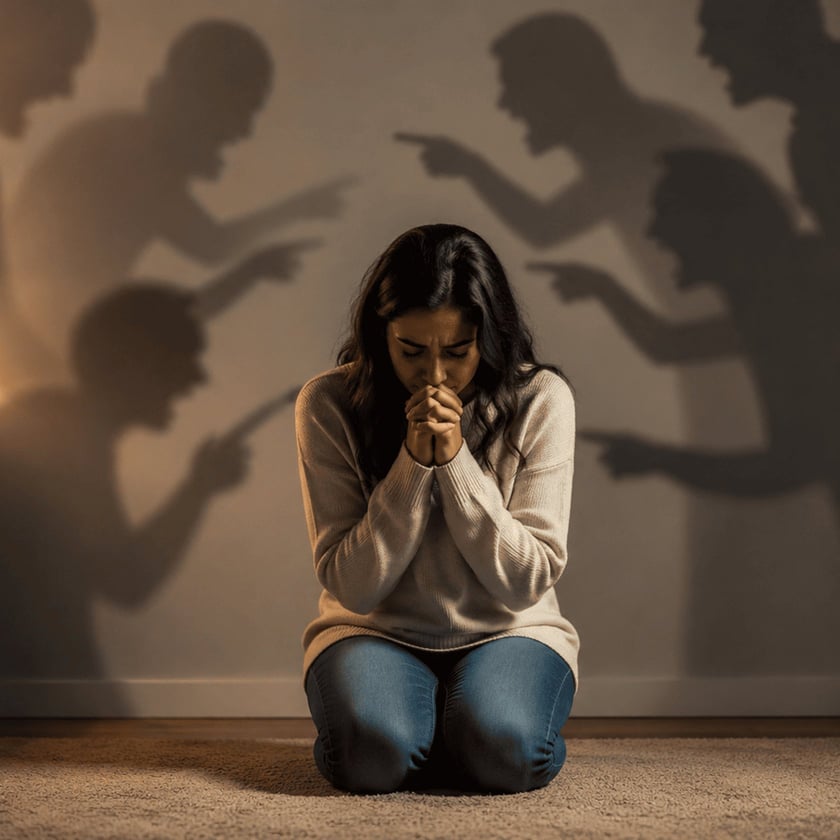 Mulher ajoelhada com as mãos unidas diante de sombras de pessoas apontando dedos na parede.
