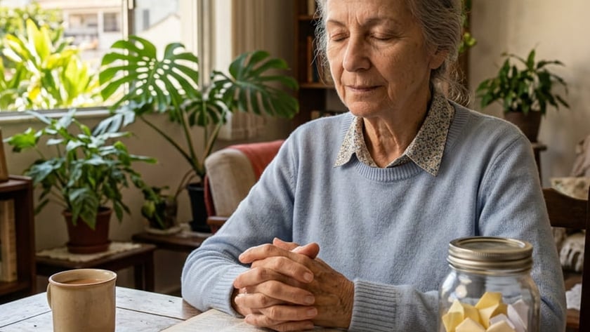 Idosa de olhos fechados e mãos postas diante de uma Bíblia aberta, à mesa