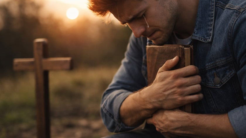 Homem de jaqueta jeans ajoelhado abraça um livro junto ao peito, perto de uma cruz de madeira.