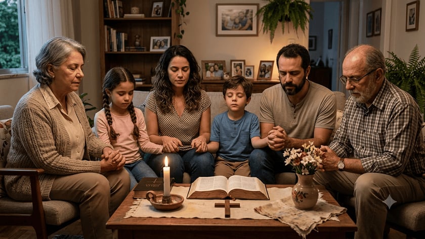 Família de mãos dadas e olhos fechados, rezando no sofá diante de uma Bíblia aberta.
