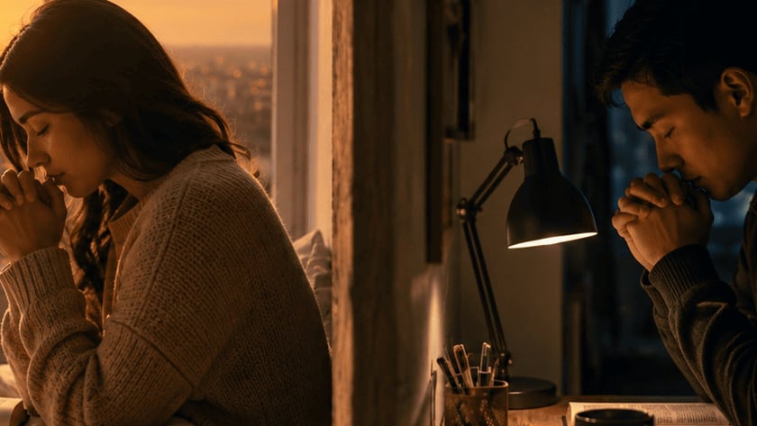 Mulher de cabelo escuro, com as mãos postas, ora num quarto ao pôr do sol.