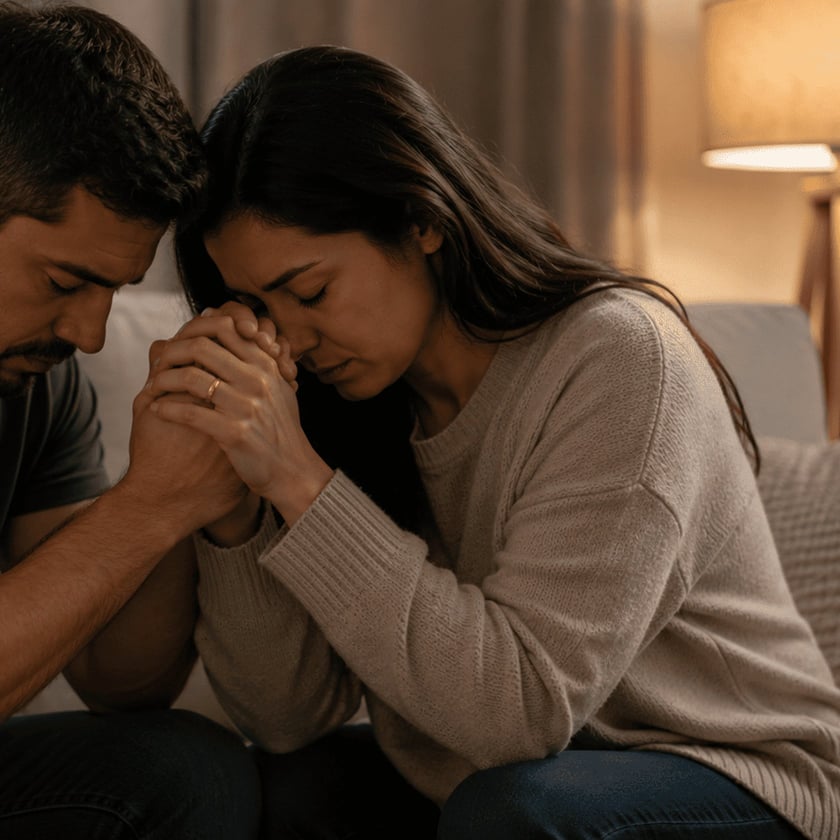 Homem e mulher sentados num sofá, de cabeças encostadas e mãos entrelaçadas, de olhos fechados.