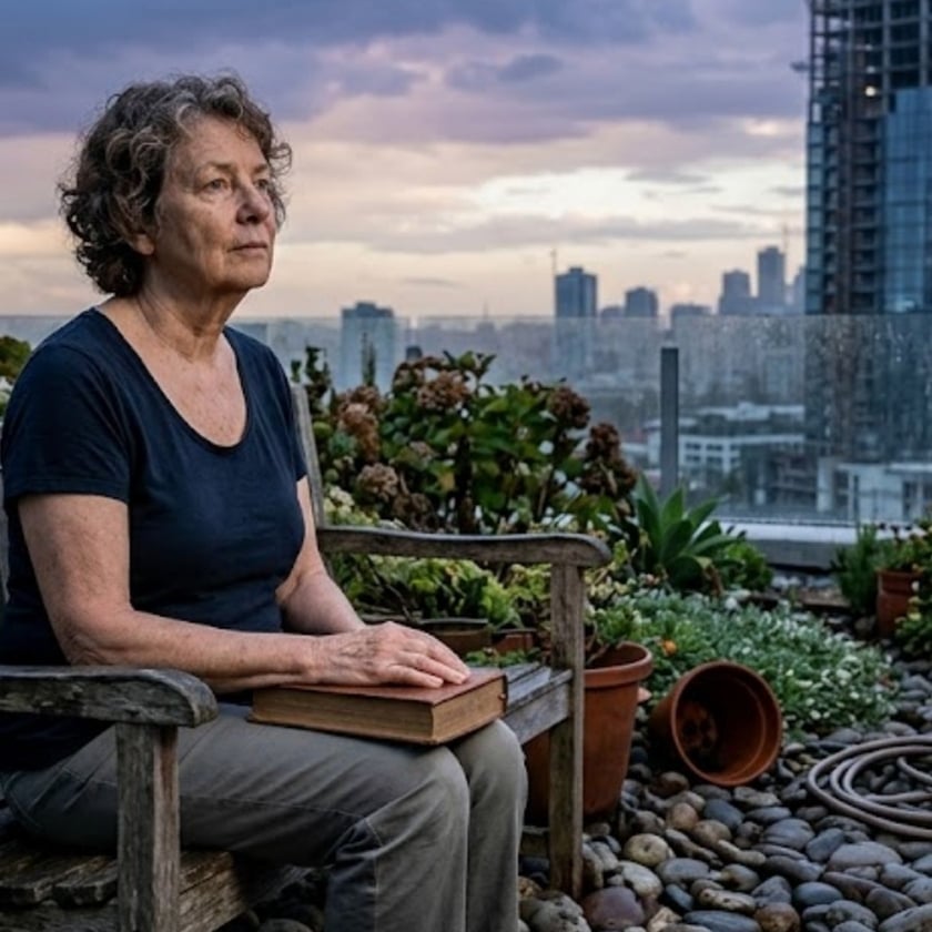 Mulher grisalha sentada em banco de madeira num terraço com plantas, segurando um livro.